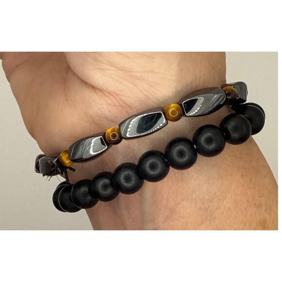 Hematite, Shunghite, and Tiger Eye Natural Stone Beaded Bracelet Duo - Picture 3 of 7